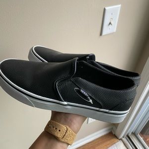 Black pleather Vans slip on